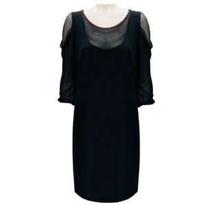 MOSCHINO BLACK / GOLD CHAIN DETAIL SILK CHIFFON AND CREPE COCKTAIL DRESS